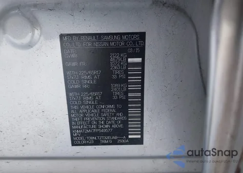 2015 Nissan Rogue Sv из США, поврежденный, VIN KNMAT2MV7FP549577